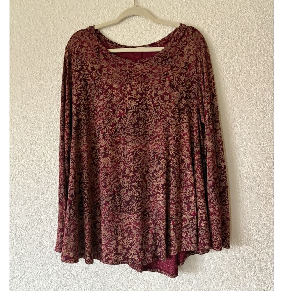 Peruvian Connection Tunic Top Women M/L Burgundy Pima Cotton Modal Ornate